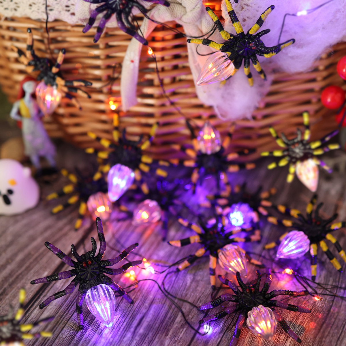 Halloween Spider String Lights - 15 3D Spiders with Remote & Timer
