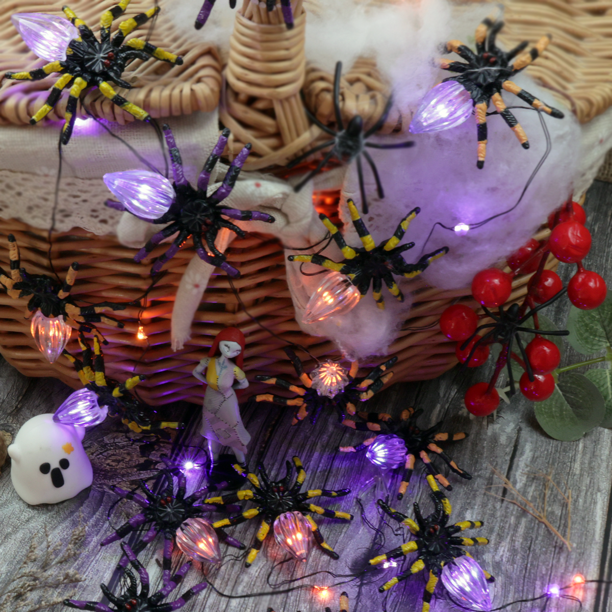 Halloween Spider String Lights - 15 3D Spiders with Remote & Timer