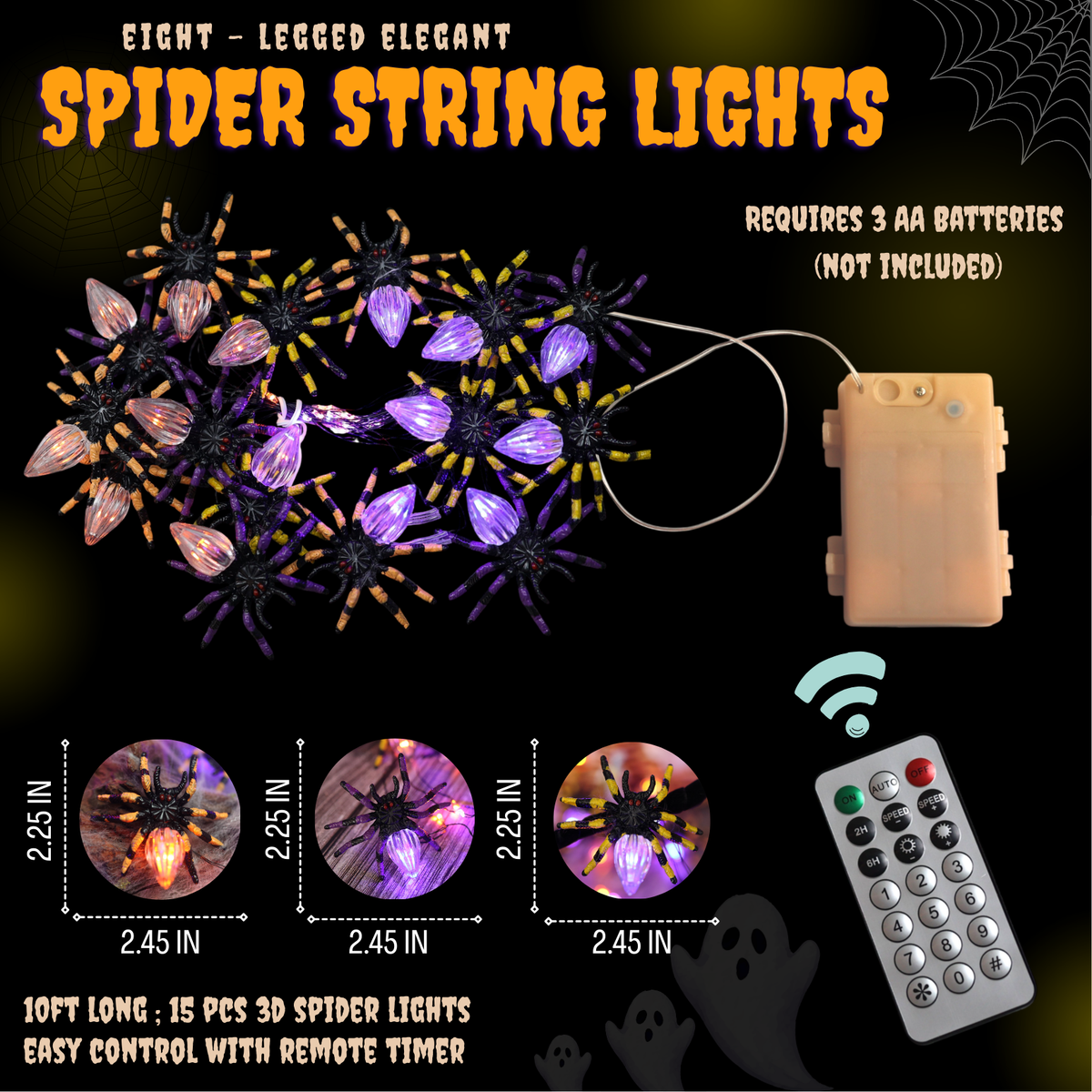 Halloween Spider String Lights - 15 3D Spiders with Remote & Timer