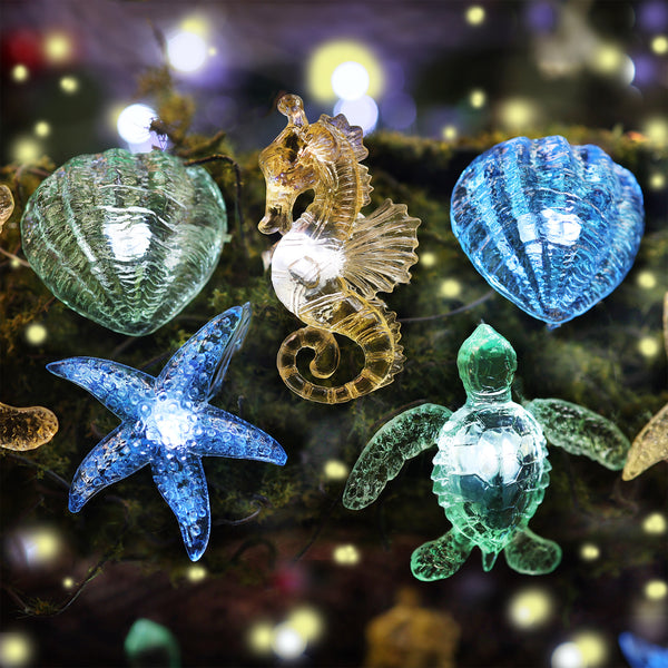 Under the Sea fairy lights with sculpted turtle, seahorse, starfish and shells in ocean colors