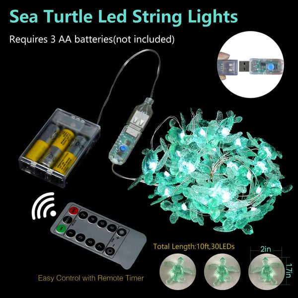 USB sea turtle string lights power option for coastal decor
